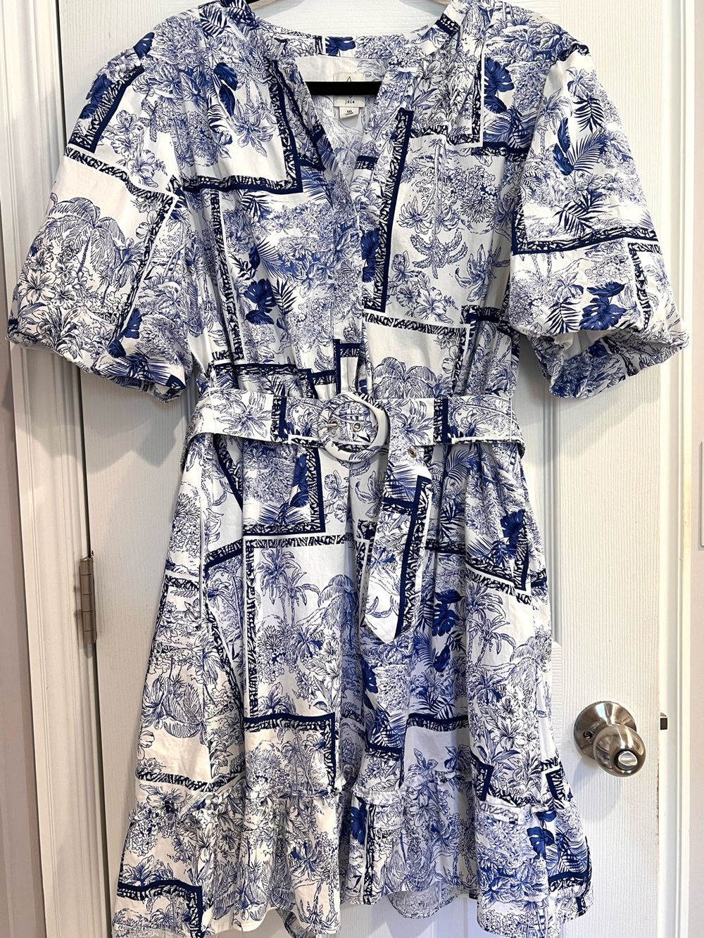 Blue White Toile Print Hawaiian Tropical Scenery Belted Cotton Dress Puff Sleeve